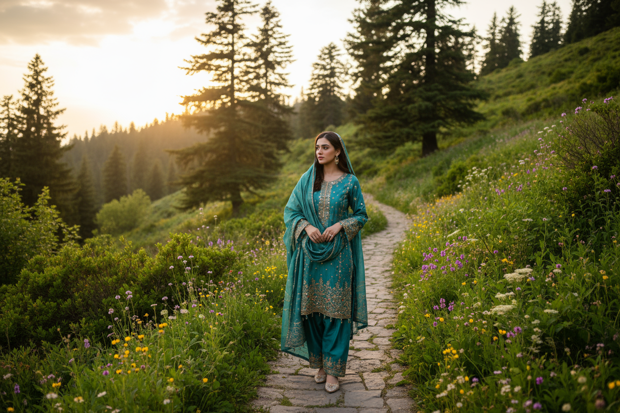 femme pakistanaise avec un shalwar kameez dans la nature